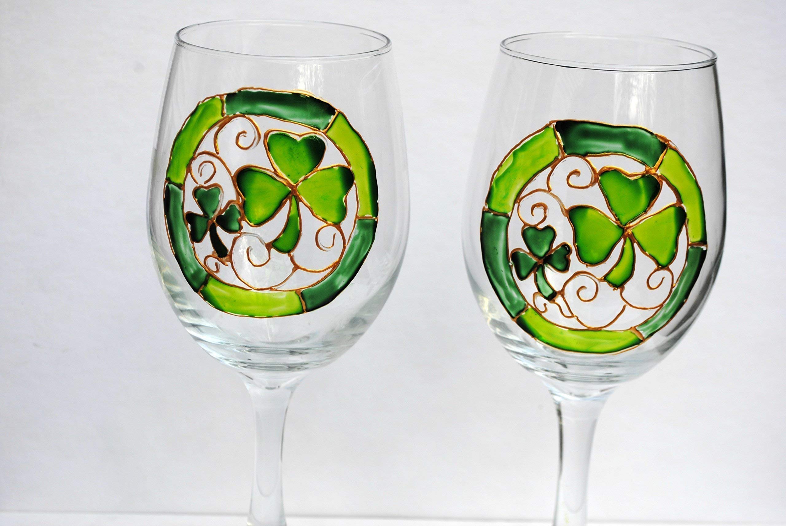 Lucky Green Shamrocks Hand Painted Stemmed Wine Glasses Set of 2