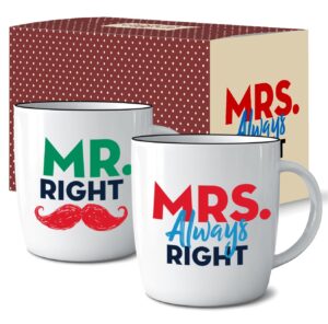 triple gifffted mr right mrs always right coffee mugs gifts ideas for couples, wedding anniversary, engagement, christmas, his & hers, bride and groom, parents, newlyweds bridal shower, ceramic 380ml
