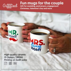 Triple Gifffted Mr Right Mrs Always Right Coffee Mugs Gifts Ideas for Couples, Wedding Anniversary, Engagement, Christmas, His & Hers, Bride and Groom, Parents, Newlyweds Bridal Shower, Ceramic 380ml