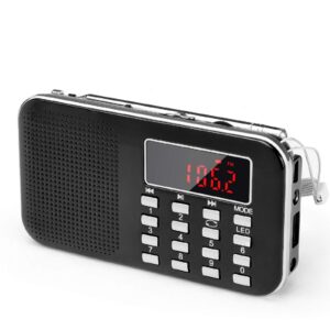 mini portable radio am fm pocket radio with mp3, led flashlight, digital radio speaker support micro sd/tf card/usb, auto scan save, 1200mah rechargeable battery operated, by prunus[latest version]