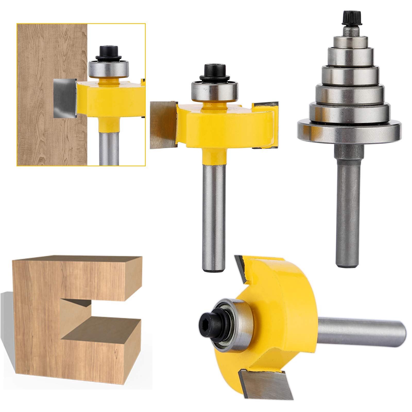 JTTJDB 1/4-Inch Shank Rabbet Router Bit with 6 Bearings Set - 1/8", 1/4", 5/16", 3/8", 7/16", 1/2" Interchangeable Bearings