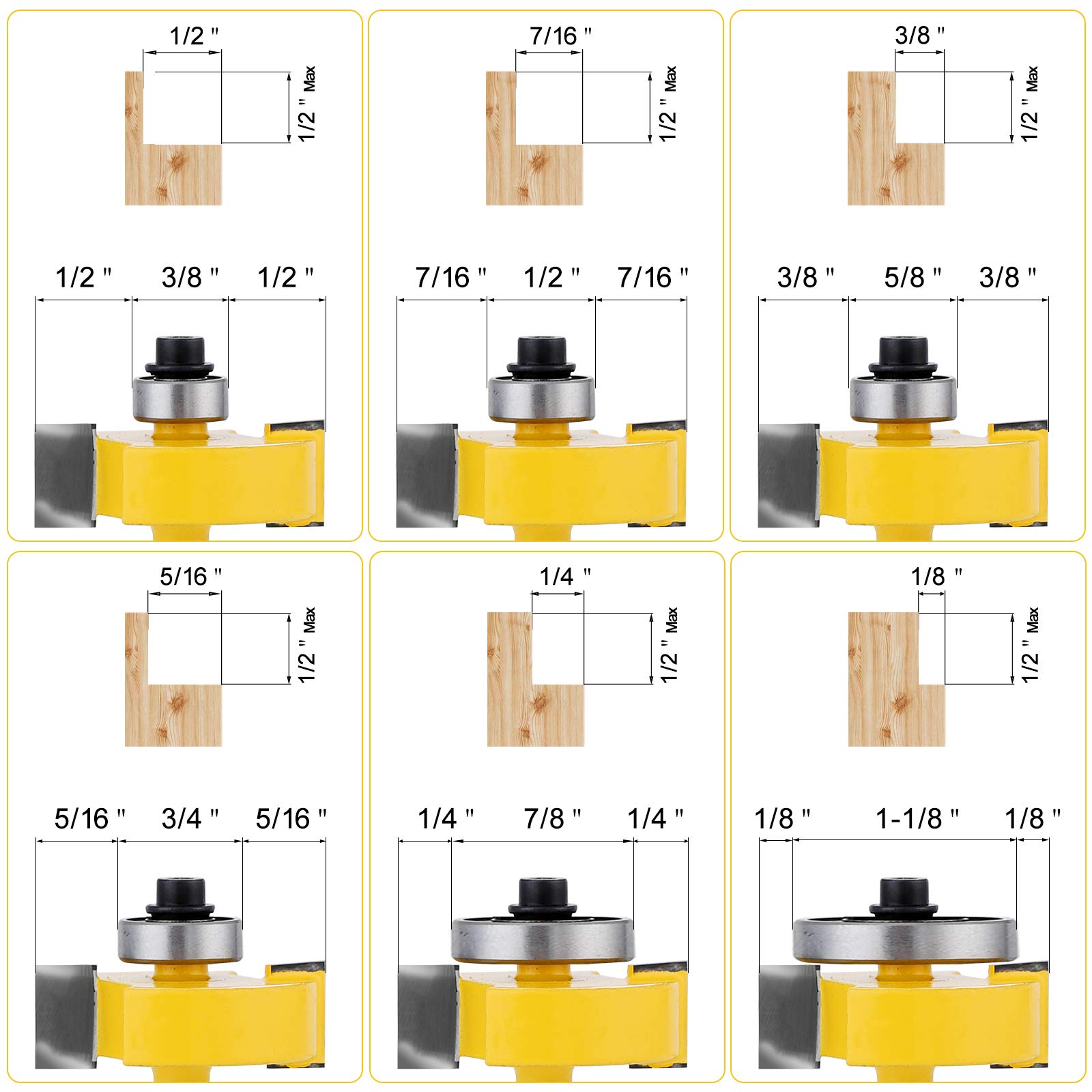 JTTJDB 1/4-Inch Shank Rabbet Router Bit with 6 Bearings Set - 1/8", 1/4", 5/16", 3/8", 7/16", 1/2" Interchangeable Bearings