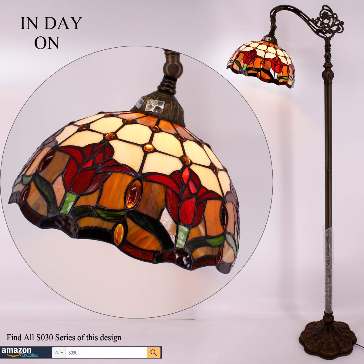 WERFACTORY Tiffany Floor Lamp Red Tulip Flower Stained Glass Arched Lamp 12X18X64 Inches Gooseneck Adjustable Corner Standing Reading Light Decor Bedroom Living Room S030 Series (A)