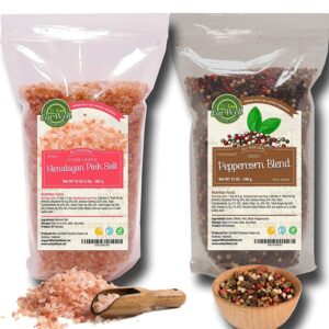 eat well mixed peppercorn blend and coarse crystal himalayan salt, premium whole black peppercorn medley 12 oz & natural coarse grain himalayan pink salt 2 lb freshly packed resealable refill packets