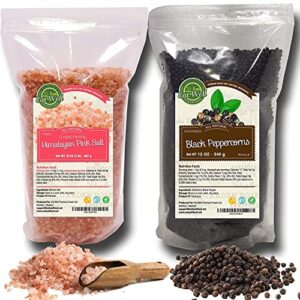 eat well whole black peppercorns and himalayan pink salt - coarse grains for grinder refill, 12 oz peppercorns and 2 lb salt