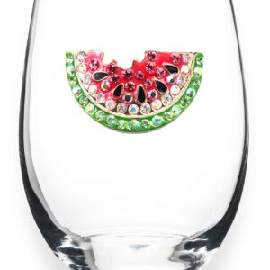 THE QUEENS' JEWELS Watermelon Jeweled Stemless Wine Glass, 21 oz. - Unique Gift for Women, Birthday, Cute, Fun, Not Painted, Decorated, Bling, Bedazzled, Rhinestone