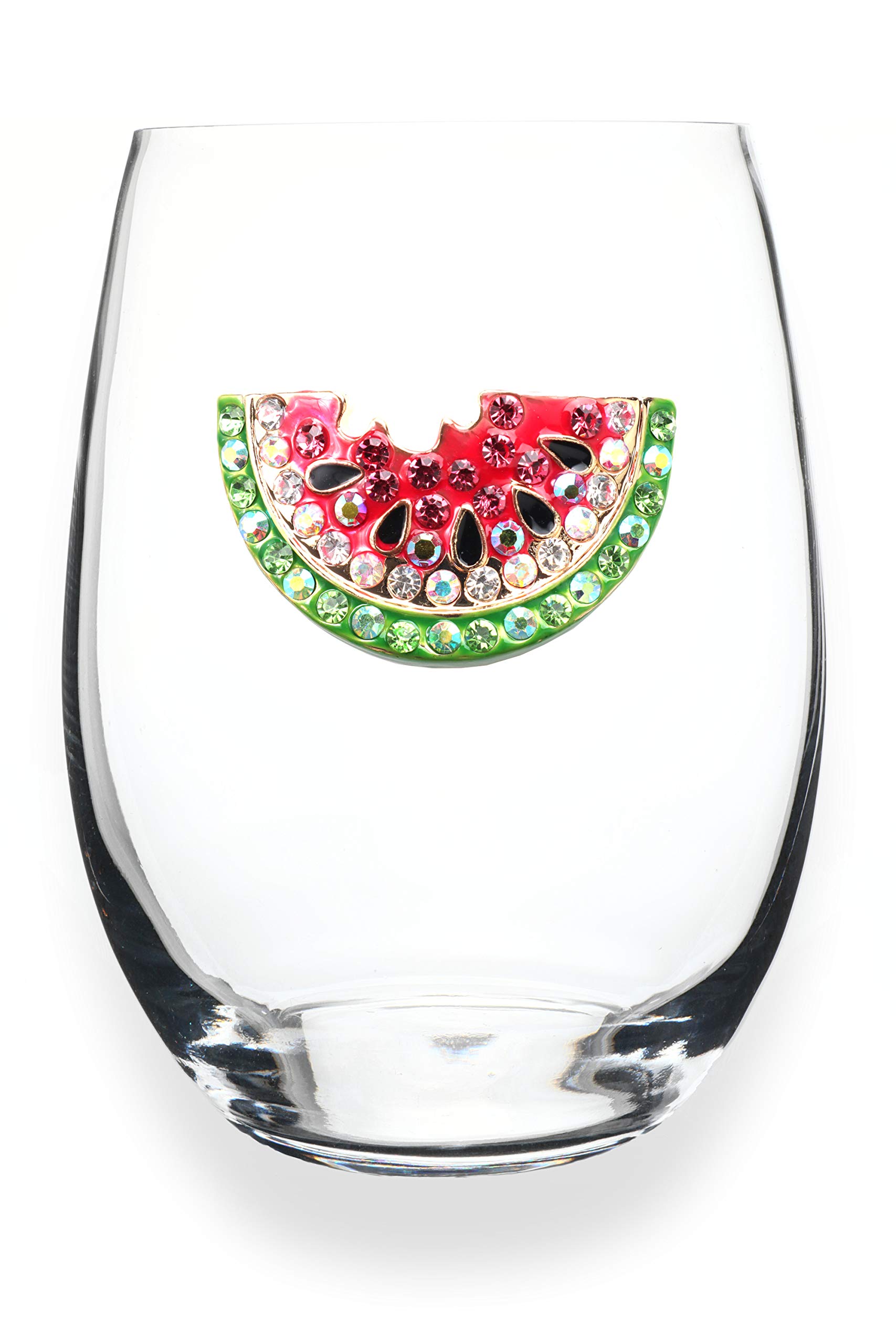 THE QUEENS' JEWELS Watermelon Jeweled Stemless Wine Glass, 21 oz. - Unique Gift for Women, Birthday, Cute, Fun, Not Painted, Decorated, Bling, Bedazzled, Rhinestone