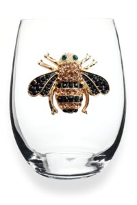 the queens' jewels - bee stemless wine glass, 21 oz. – jeweled eye-catching bumble bee - hand-decorated glassware – not painted – dazzling and unique