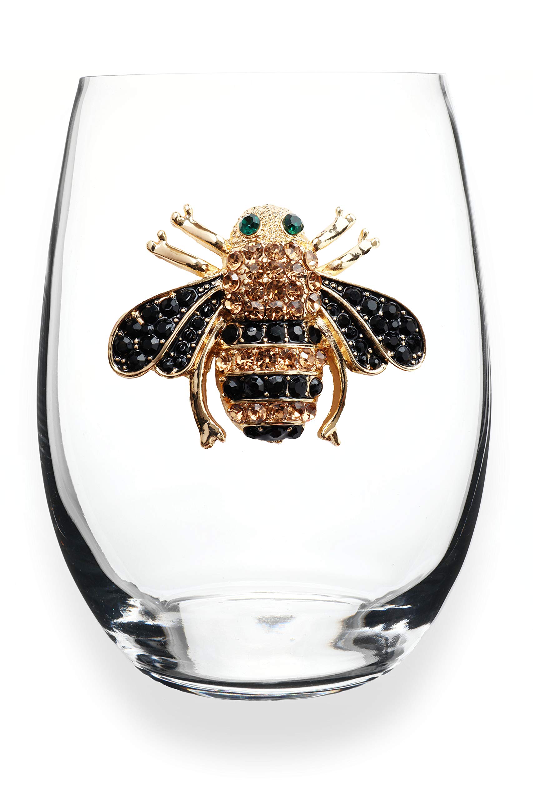 THE QUEENS' JEWELS - Bee Stemless Wine Glass, 21 oz. – Jeweled Eye-Catching Bumble Bee - Hand-Decorated Glassware – Not Painted – Dazzling and Unique