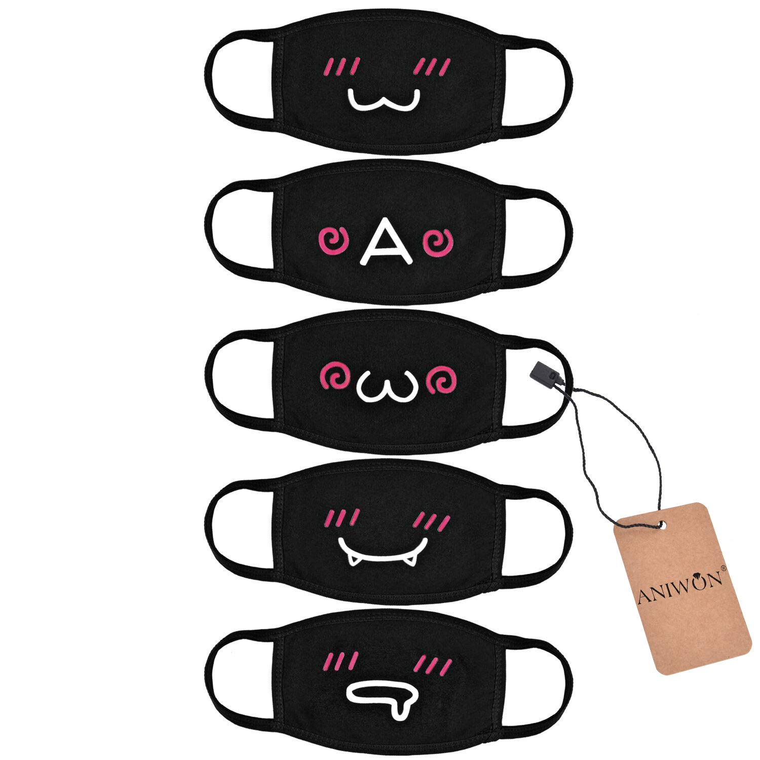 Aniwon Kawaii Muffle Mask, 5 Pack Anti-Dust Anime Cotton Mouth Mask Cute Kaomoji Face Mask