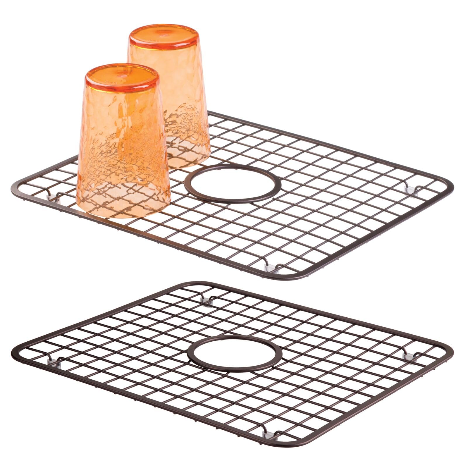 mDesign Modern Kitchen Sink Metal Dish Drying Rack/Mat with Center Drain Hole - Steel Wire Grid Design - Allows Wine Glasses, Mugs, Bowls and Dishes to Drain in Sink - 2 Pack - Bronze