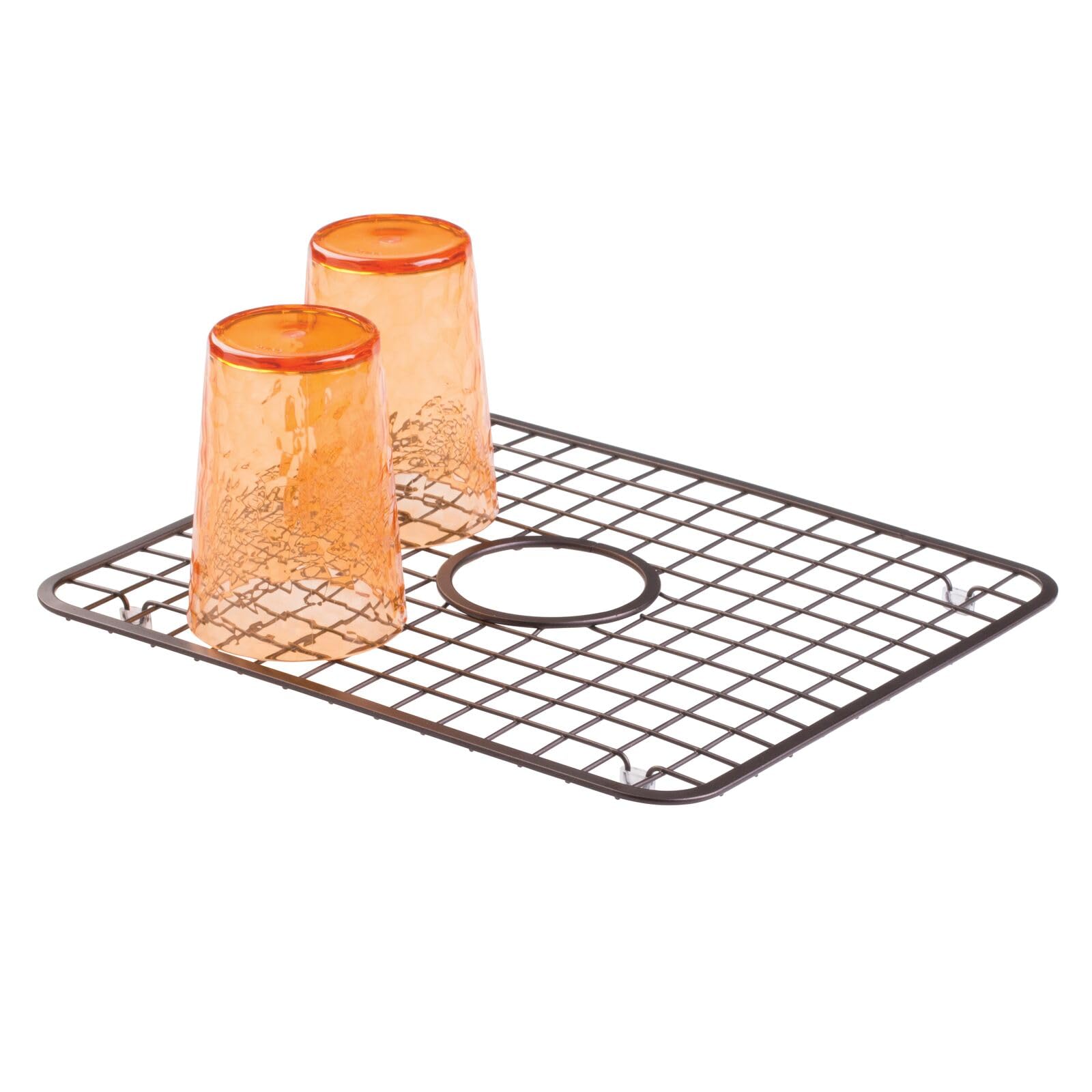 mDesign Modern Kitchen Sink Metal Dish Drying Rack/Mat with Center Drain Hole - Steel Wire Grid Design - Allows Wine Glasses, Mugs, Bowls and Dishes to Drain in Sink - 2 Pack - Bronze