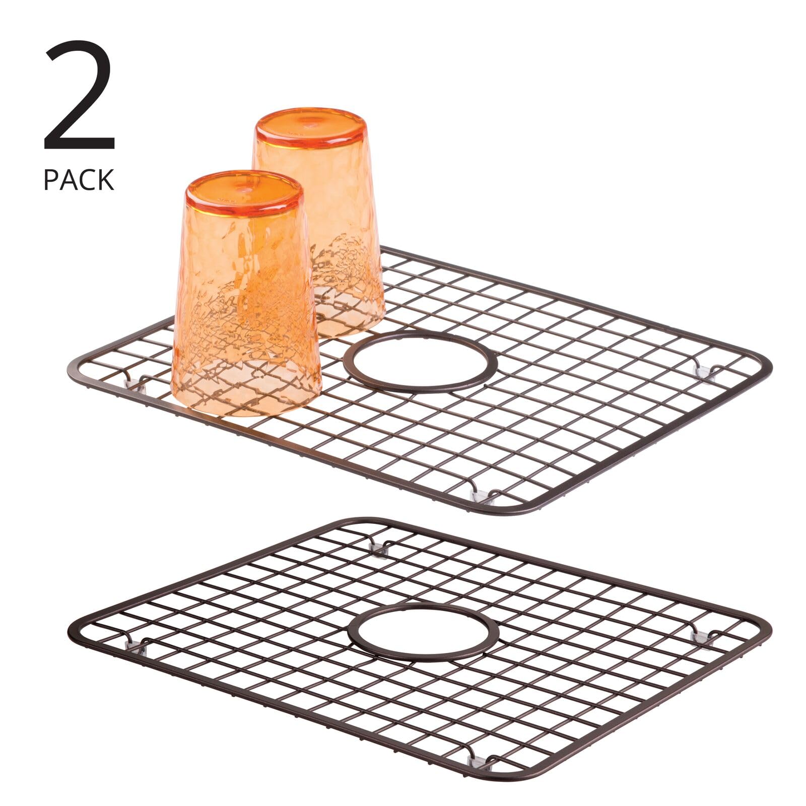 mDesign Modern Kitchen Sink Metal Dish Drying Rack/Mat with Center Drain Hole - Steel Wire Grid Design - Allows Wine Glasses, Mugs, Bowls and Dishes to Drain in Sink - 2 Pack - Bronze