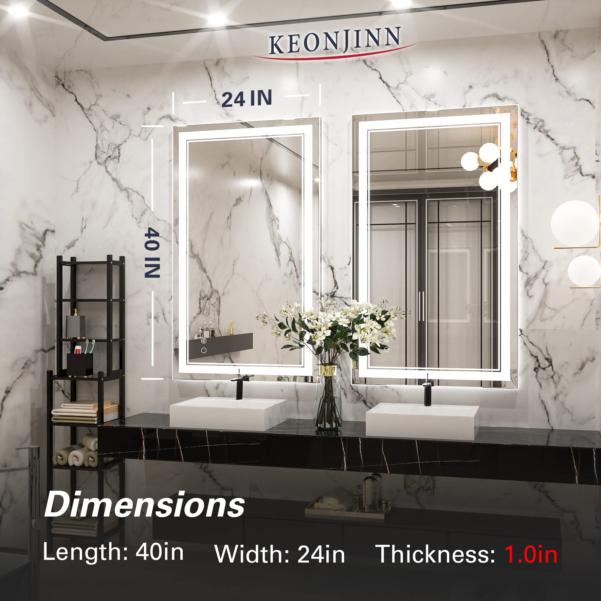 Keonjinn LED Bathroom Mirror with Lights, 40 x 24 Inch Front Lighted Vanity Mirror, Wall Mounted Anti-Fog Memory Brightness Dimmable Makeup IP54, Shatterproof (Horizontal/Vertical)