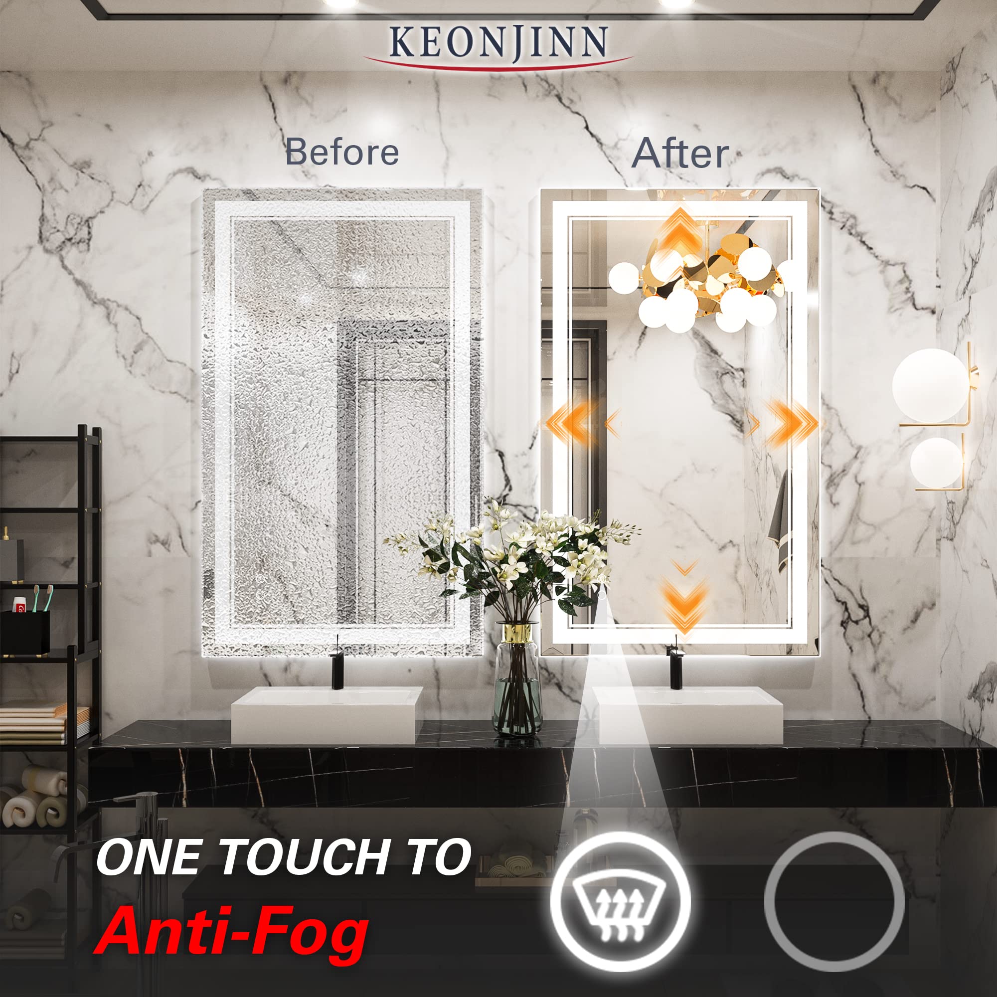 Keonjinn LED Bathroom Mirror with Lights, 40 x 24 Inch Front Lighted Vanity Mirror, Wall Mounted Anti-Fog Memory Brightness Dimmable Makeup IP54, Shatterproof (Horizontal/Vertical)