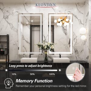 Keonjinn LED Bathroom Mirror with Lights, 40 x 24 Inch Front Lighted Vanity Mirror, Wall Mounted Anti-Fog Memory Brightness Dimmable Makeup IP54, Shatterproof (Horizontal/Vertical)