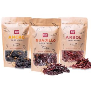 dried chile peppers bundle (12 oz total) - ancho, guajillo and arbol chiles - the spicy trio - great for mexican recipes - in resealable bags by rico
