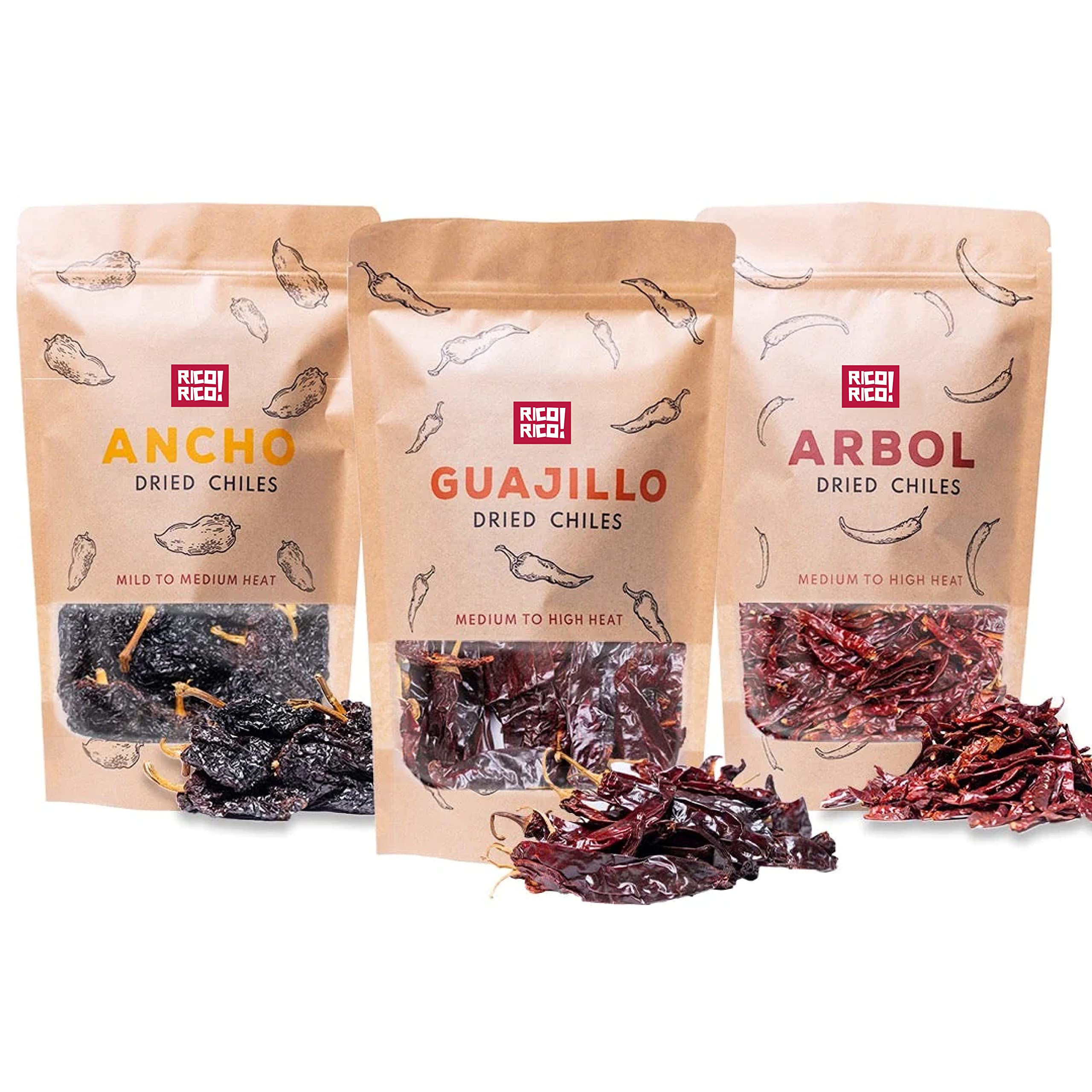 Dried Chile Peppers Bundle (12 oz Total) - Ancho, Guajillo and Arbol Chiles - The Spicy Trio - Great For Mexican Recipes - In Resealable Bags by RICO