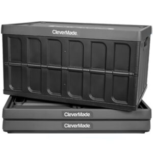 clevermade collapsible storage bin (with lid), charcoal, 3pk - 46l (12 gal) folding plastic stackable utility crates, holds 75lbs per bin - solid wall clevercrates for organizing, storage, moving