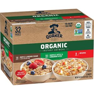 quaker instant oatmeal, usda organic, non-gmo project verified, 3 flavor variety pack, individual packets, 32 count (pack of 1)
