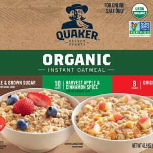 QUAKER Instant Oatmeal, USDA Organic, Non-GMO Project Verified, 3 Flavor Variety Pack, Individual Packets, 32 Count (Pack of 1)