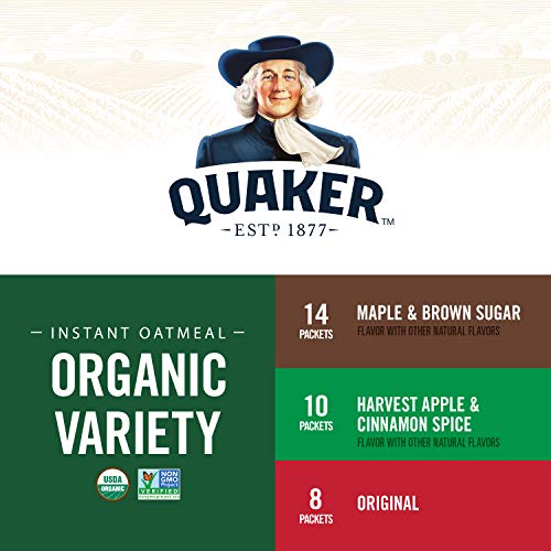 QUAKER Instant Oatmeal, USDA Organic, Non-GMO Project Verified, 3 Flavor Variety Pack, Individual Packets, 32 Count (Pack of 1)