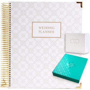 wedding planner gift set for the bride to be: 9x11 hardcover wedding planner and organizer, gift box, guest book, clip-in bookmark, planning stickers, business card holder, and pocket folders (gold)