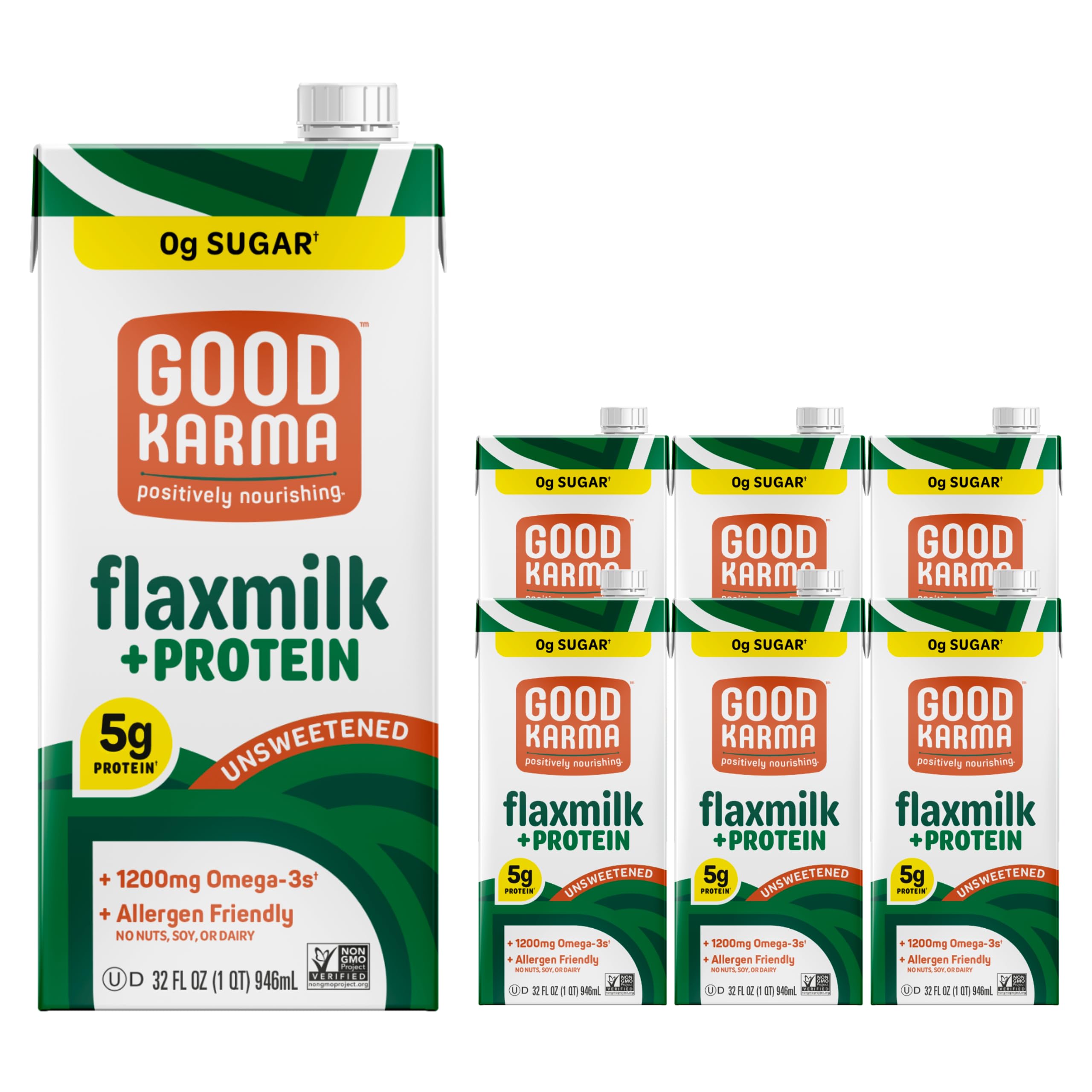 Good Karma Unsweetened Flaxmilk +Protein, 32 Ounce (Pack of 6), 5g Plant Protein + 1200mg Omega-3 Per Serving, Plant-Based Non-Dairy Milk Alternative, Lactose Free, Nut Free, Vegan, Shelf Stable