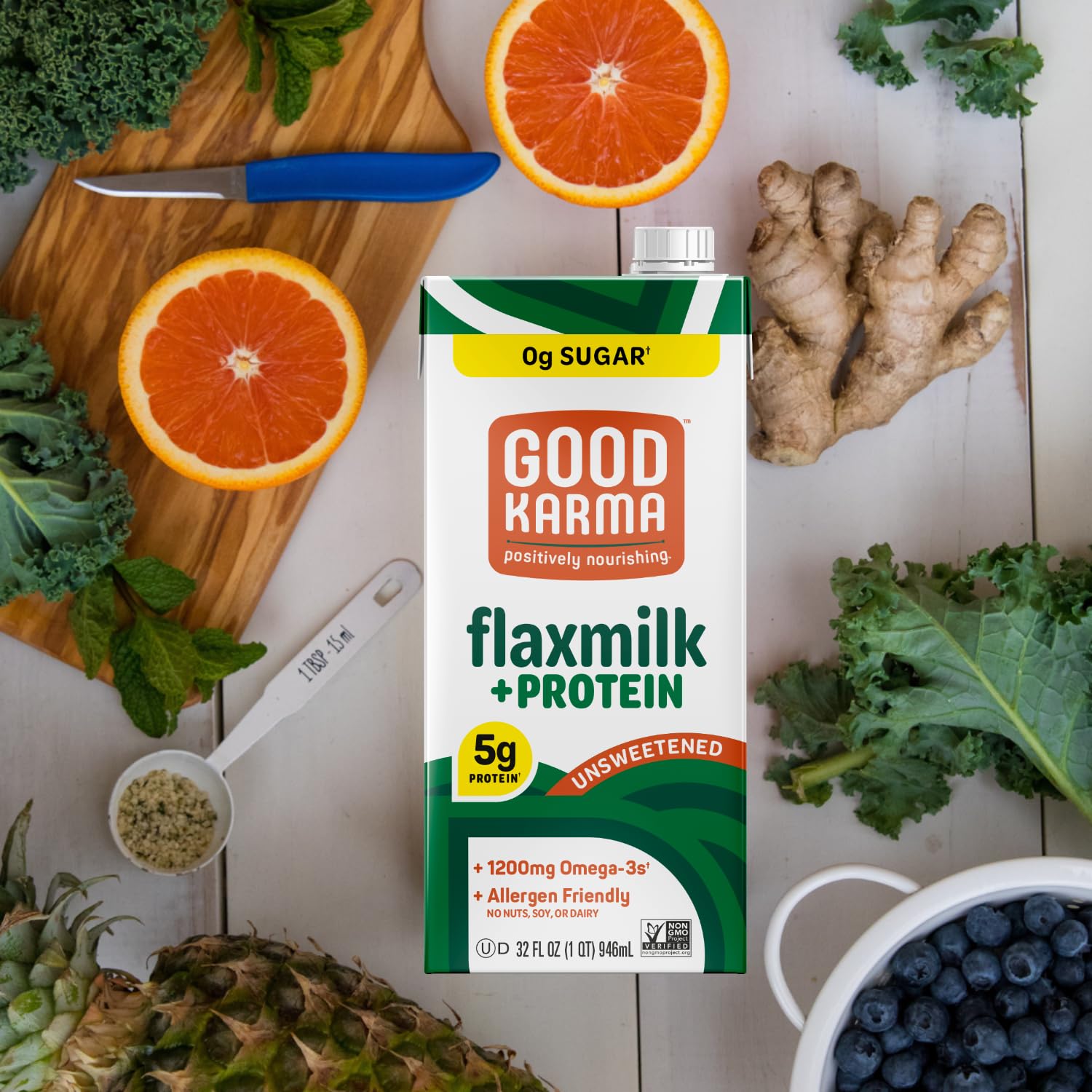 Good Karma Unsweetened Flaxmilk +Protein, 32 Ounce (Pack of 6), 5g Plant Protein + 1200mg Omega-3 Per Serving, Plant-Based Non-Dairy Milk Alternative, Lactose Free, Nut Free, Vegan, Shelf Stable