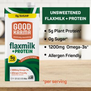 Good Karma Unsweetened Flaxmilk +Protein, 32 Ounce (Pack of 6), 5g Plant Protein + 1200mg Omega-3 Per Serving, Plant-Based Non-Dairy Milk Alternative, Lactose Free, Nut Free, Vegan, Shelf Stable