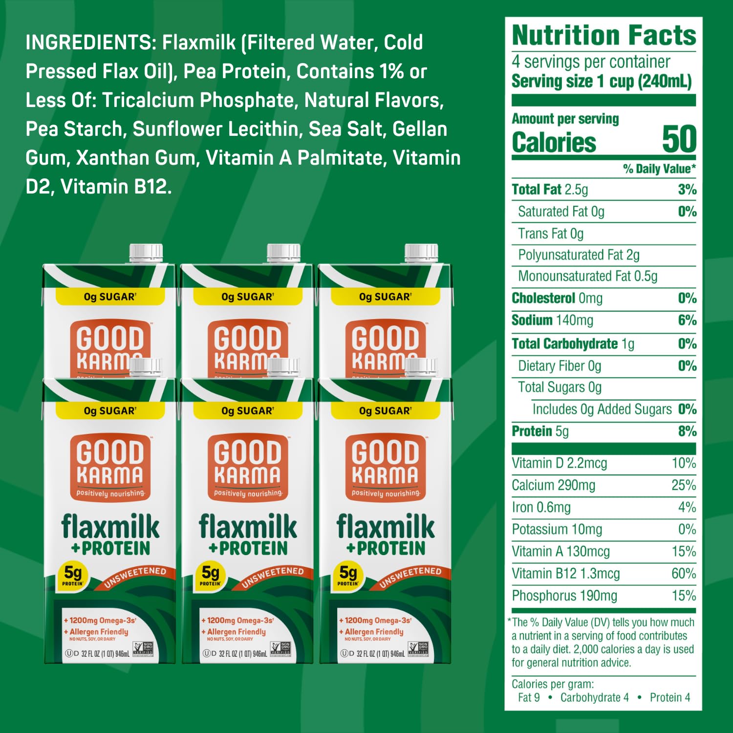 Good Karma Unsweetened Flaxmilk +Protein, 32 Ounce (Pack of 6), 5g Plant Protein + 1200mg Omega-3 Per Serving, Plant-Based Non-Dairy Milk Alternative, Lactose Free, Nut Free, Vegan, Shelf Stable