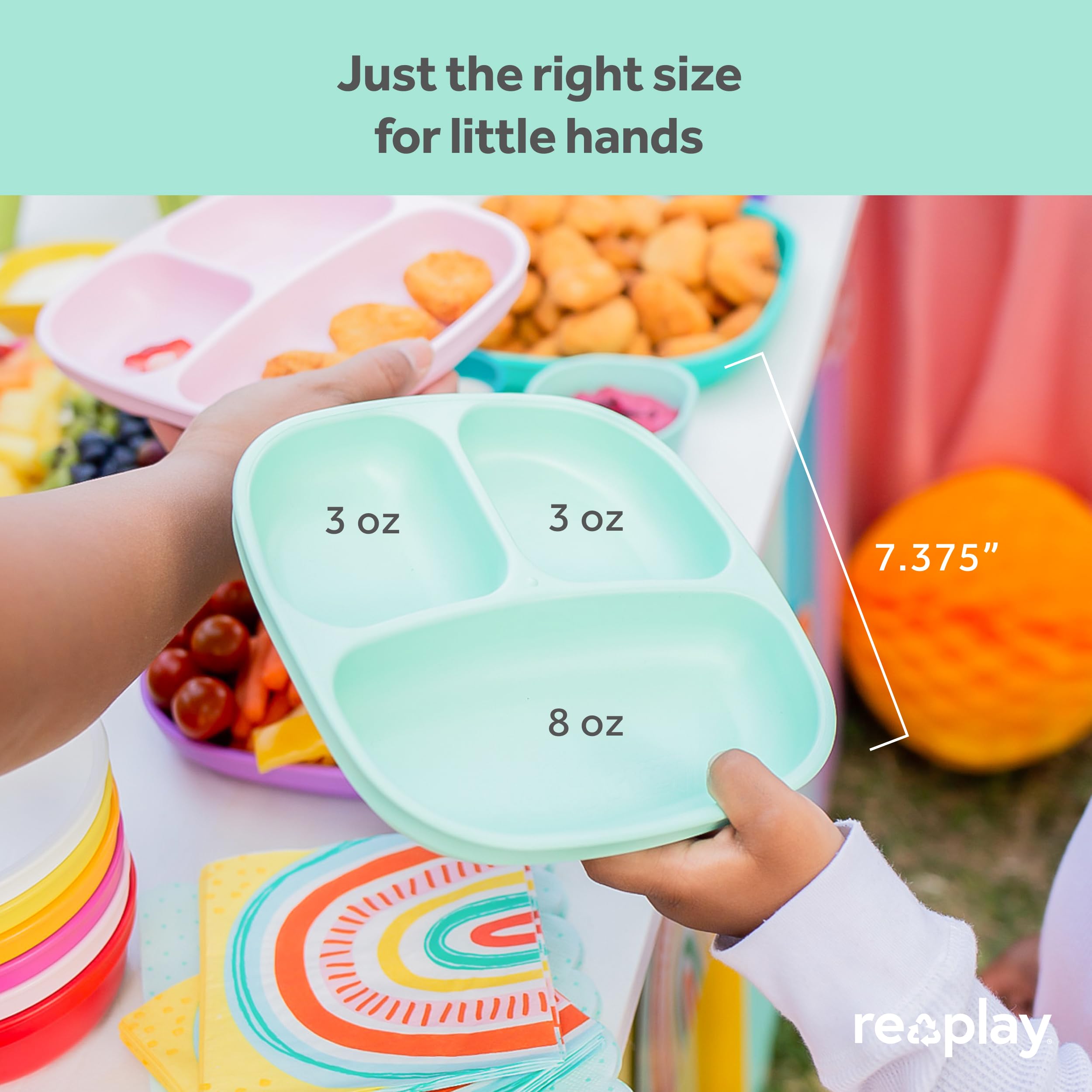 Re-Play Made in USA Deep Walled 3 Compartment Plates, Pack of 4 - Reusable Divided Plates for Kids, Dishwasher and Microwave Safe - Durable Toddler Plates 7.37" x 7.37" x 1.25", White