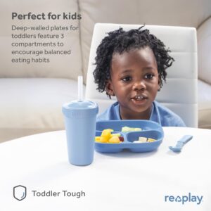 Re-Play Made in USA Deep Walled 3 Compartment Plates, Pack of 4 - Reusable Divided Plates for Kids, Dishwasher and Microwave Safe - Durable Toddler Plates 7.37" x 7.37" x 1.25", White