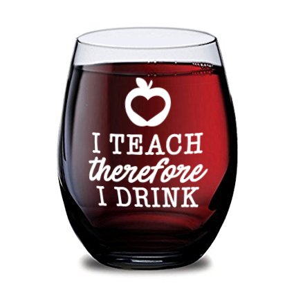 GSM Brands Stemless Wine Glass for Teachers (I Teach Therefore I Drink) Made of Unbreakable Tritan Plastic and Dishwasher Safe - 16 ounces