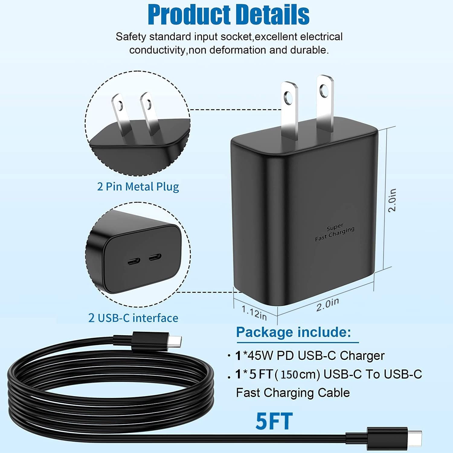 45W Samsung Dual Port USB C Fast Wall Charger with 5FT Type C Charging Cable,Surper Fast Charger Type C Charging Block for Samsung Galaxy S24 Ultra/S24/S24+/S23 Ultra/S23/S23+/S22 Ultra/S22/S22+/S21