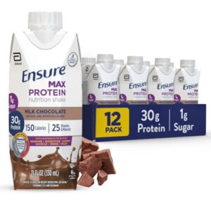 ensure max protein milk chocolate nutrition shake, 30g protein, 1g sugar, 4g comfort fiber blend, 12 pack