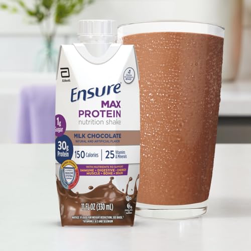 Ensure Max Protein Milk Chocolate Nutrition Shake, 30g Protein, 1g Sugar, 4g Comfort Fiber Blend, 12 Pack