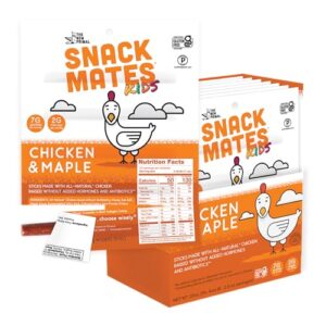the new primal snack mates chicken & maple sticks, gluten free healthy snacks for kids, low sugar high protein kids snack for school, mini paleo jerky meat stick, 7g protein, 50 calories, 40 pack