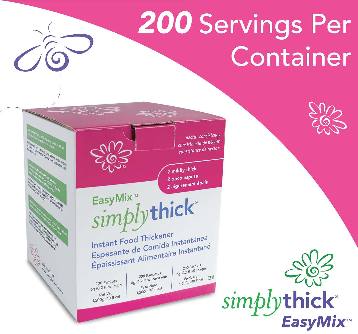 SimplyThick EasyMix | 200 Count of 6g Individual Packets | Gel Thickener for Those with Dysphagia & Swallowing Disorders | Creates an IDDSI Level 2 – Mildly Thick (Nectar Consistency)