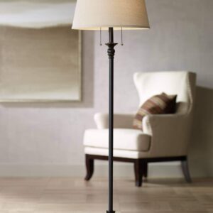 360 Lighting Spenser Traditional Floor Lamp Standing Exquisite 58" Tall Oiled Bronze Brown Metal Thin Column Off-White Linen Fabric Empire Shade for Living Room Reading House Bedroom Home