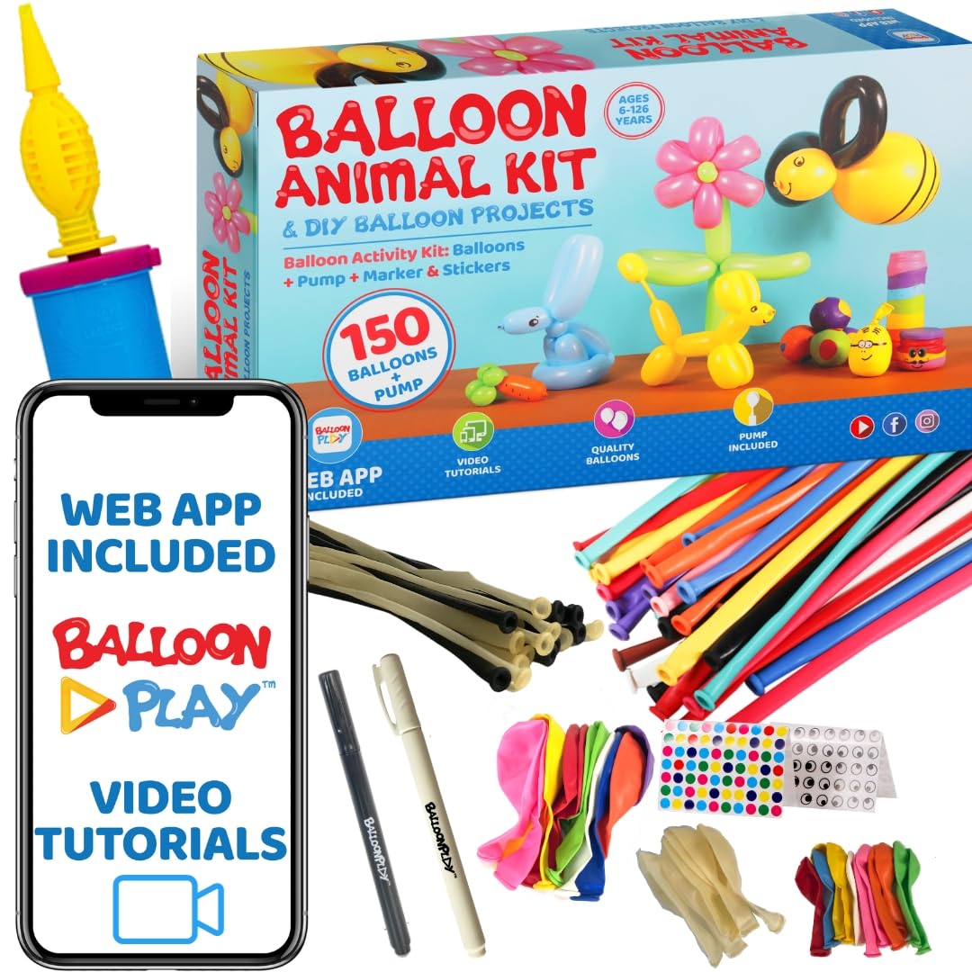 Deluxe Balloon Animal Kit with Web App 150 Balloons Balloon Pump Stickers Markers