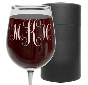 spotted dog company personalized etched 16oz stemmed wine glass, mother's day gift, wife, gift for her, script monogram