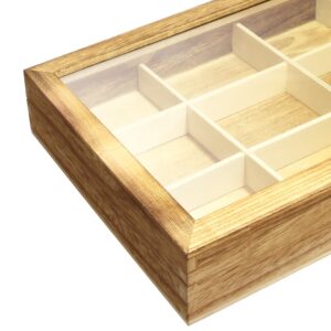 Ikee Design Elegant Wooden Jewelry Storage Tray Box with Glass Lid,12 Compartments Jewelry Tray Organizer, Ideal for Rings,Bracelets,Gems Stone and Small Accessories, Oak Color