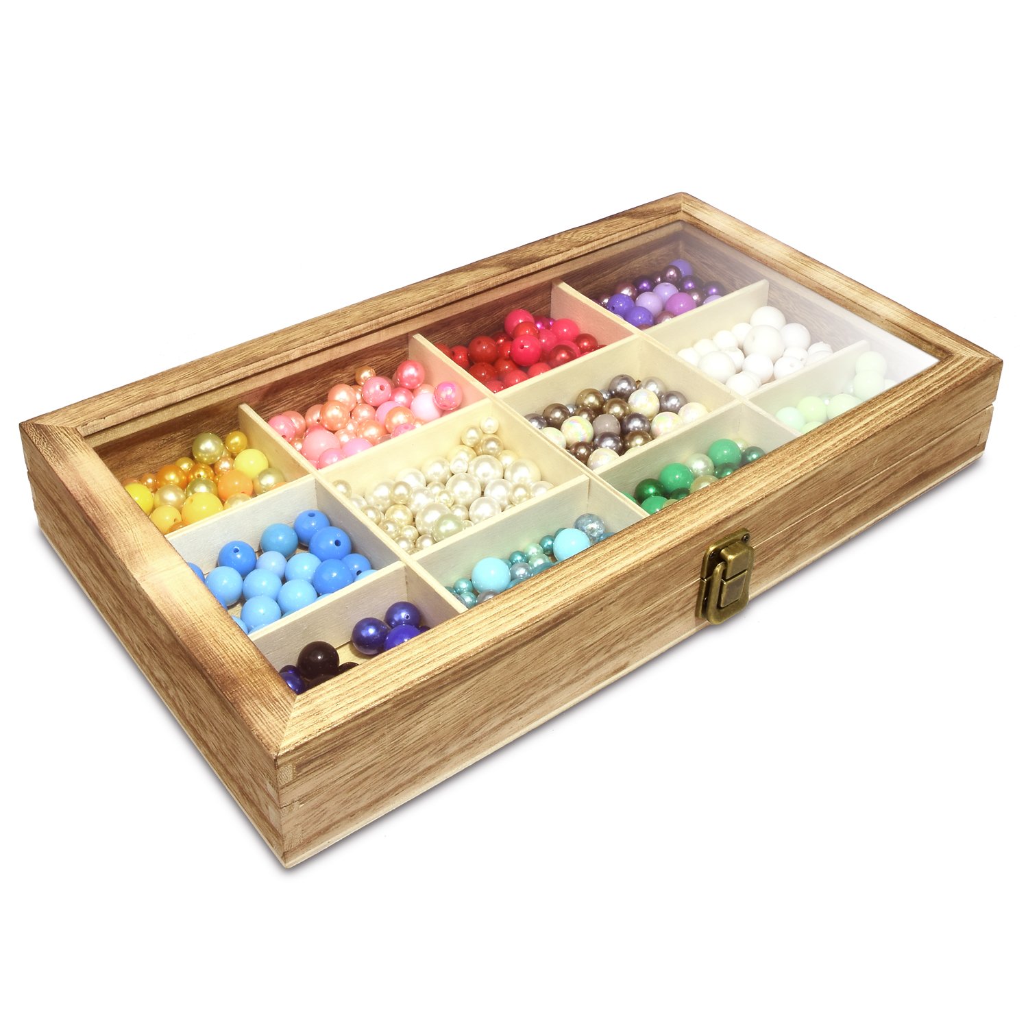 Ikee Design Elegant Wooden Jewelry Storage Tray Box with Glass Lid,12 Compartments Jewelry Tray Organizer, Ideal for Rings,Bracelets,Gems Stone and Small Accessories, Oak Color