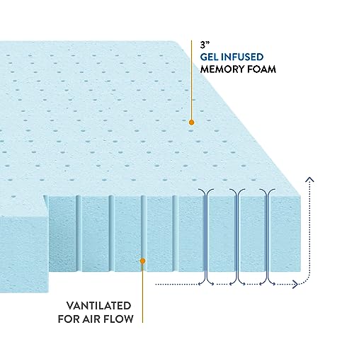 Best Price Mattress 3 Inch Ventilated Memory Foam Mattress Topper, Cooling Gel Infusion, CertiPUR-US Certified, Twin XL,Blue