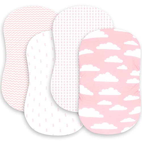 Bassinet Bed Sheets – Premium Bassinet Fitted Sheets 4 Pack – 100% Jersey Knit Cotton Cradle Sheets – Bassinet Bedding for Standard Size Oval or Halo Bassinet Pads – Bassinet Sheet for Girl