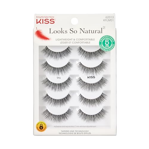 KISS Looks So Natural, False Eyelashes, Shy', 12 mm, Includes 5 Pairs Of Lashes, Contact Lens Friendly, Easy to Apply, Reusable Strip Lashes, Glue On