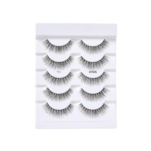 KISS Looks So Natural, False Eyelashes, Shy', 12 mm, Includes 5 Pairs Of Lashes, Contact Lens Friendly, Easy to Apply, Reusable Strip Lashes, Glue On