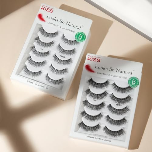 KISS Looks So Natural, False Eyelashes, Shy', 12 mm, Includes 5 Pairs Of Lashes, Contact Lens Friendly, Easy to Apply, Reusable Strip Lashes, Glue On