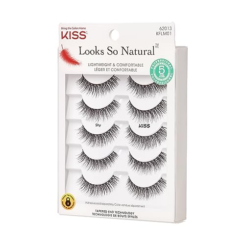 KISS Looks So Natural, False Eyelashes, Shy', 12 mm, Includes 5 Pairs Of Lashes, Contact Lens Friendly, Easy to Apply, Reusable Strip Lashes, Glue On